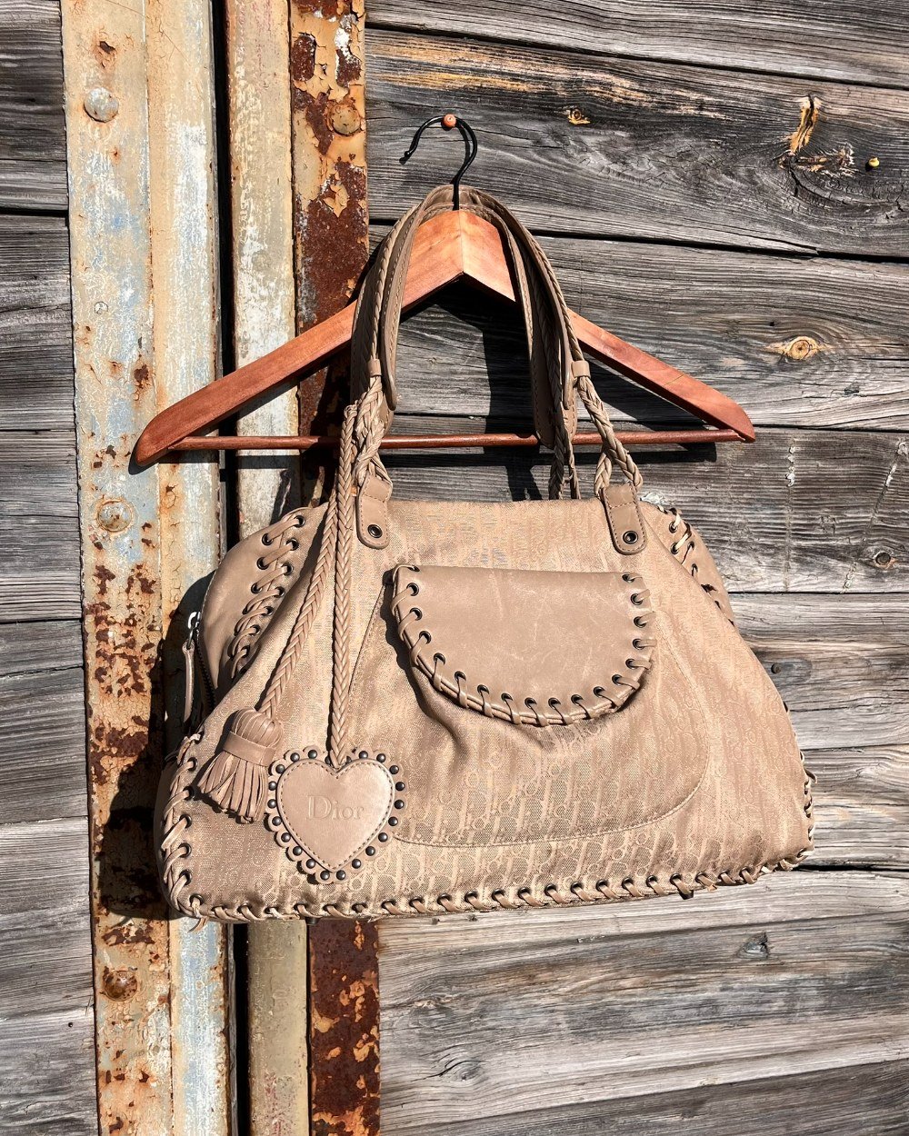 Christian Dior Nylon and Leather Heart Charm Ethnic Satchel Bag
